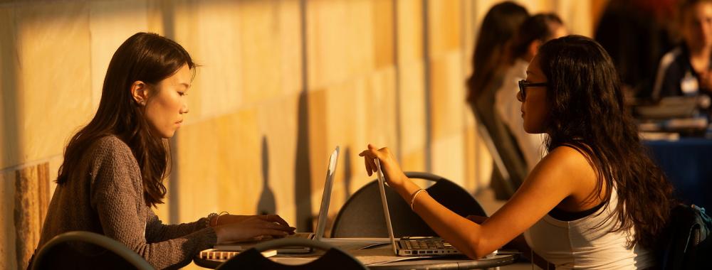 Two students work on their laptops