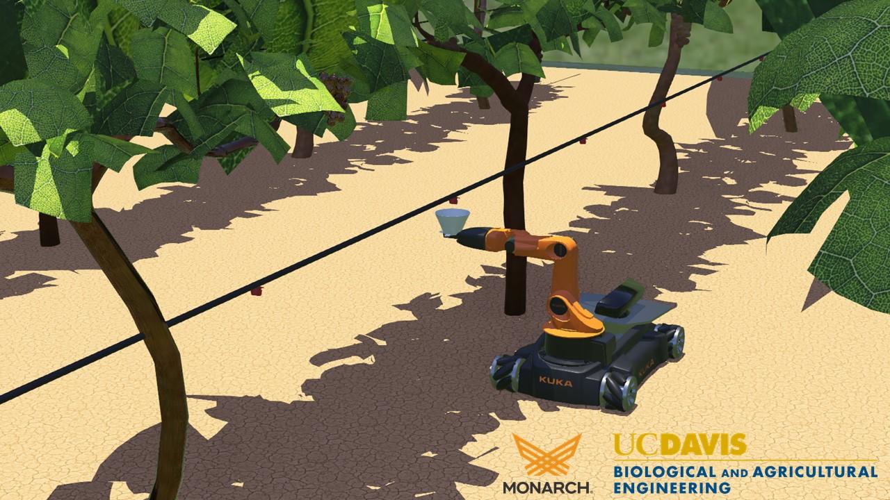 A rendering of the autonomous drip irrigation measuring robot collecting samples in a vineyard. Photo courtesy of Kia Canning, Bennett Evans, Stacia Hendee and Ken Zen Ooi. uc davis biological agricultural engineering senior design projects