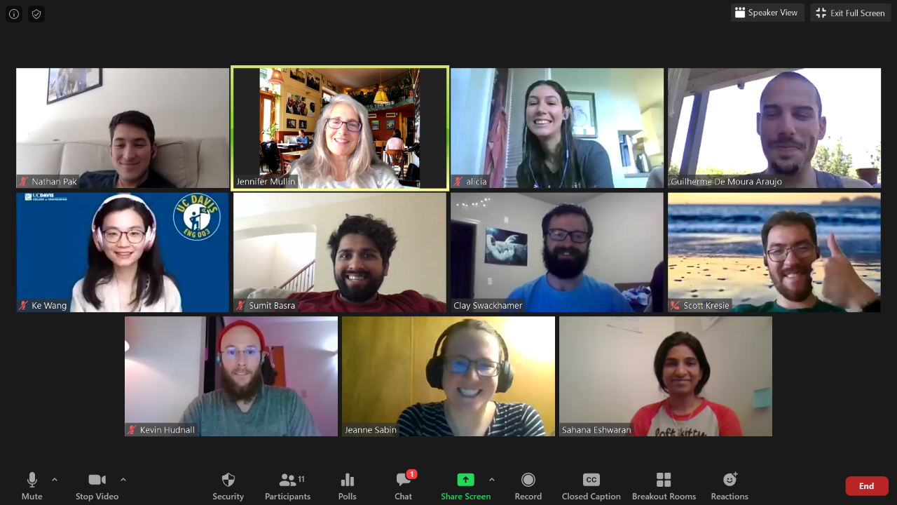 The Introduction to Engineering Design (ENG 3) team meets over Zoom to prepare for the final week of classes and the course’s design showcase. Image courtesy of Jennifer Mullin. uc davis biological agricultural engineering remote instruction