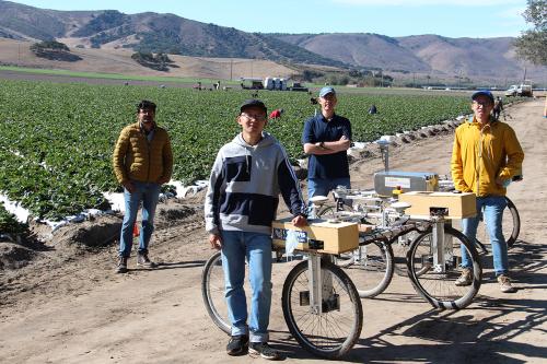 Group of people stand in strawberry field next to cart