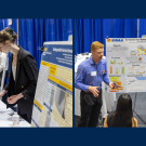 Two image collage of students presenting at the Engineering Design Showcase at UCD